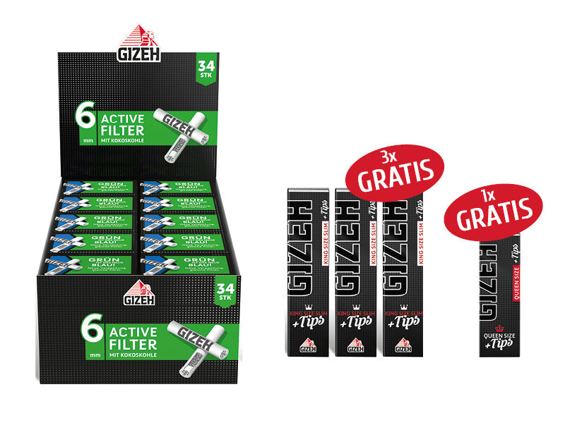 Gizeh Black Active Filter, 10 x 34 Stück + 3 Black® King Size Slim + Tips + 1 Black® Queen Size + Tips