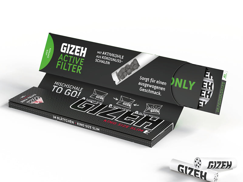 Gizeh Black King Size Slim + Active Filter Black 6mm 16 Hefte je 34 Blatt + 16 Tips
