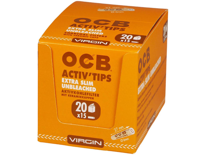 OCB Filter Slim Activ Tips Unbleached - Virgin Aktivkohle Keramikkappen, 6mm, 20 x 15 Stück